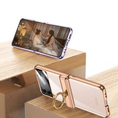 Samsung Galaxy Z Flip 4 uyumlu Yüzüklü Kılıf Kamera Korumalı Kapak Premium Electroplate Metalik Gold