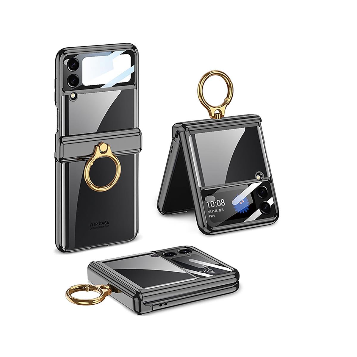 Samsung Galaxy Z Flip 4 uyumlu Yüzüklü Kılıf Kamera Korumalı Kapak Premium Electroplate Metalik Siyah