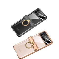 Samsung Galaxy Z Flip 4 uyumlu Yüzüklü Kılıf Kamera Korumalı Kapak Premium Electroplate Metalik Siyah