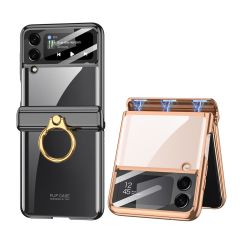 Samsung Galaxy Z Flip 4 uyumlu Yüzüklü Kılıf Kamera Korumalı Kapak Premium Electroplate Metalik Siyah