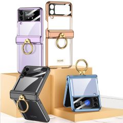 Samsung Galaxy Z Flip 4 uyumlu Yüzüklü Kılıf Kamera Korumalı Kapak Premium Electroplate Metalik Siyah