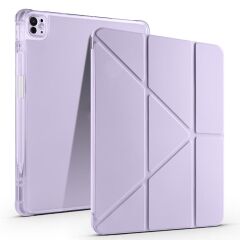iPad Air 13 M2 / M3 uyumlu Kılıf Kalem Bölmeli Tri Folding Standlı Arkası Silikon Uyku Modlu Lila