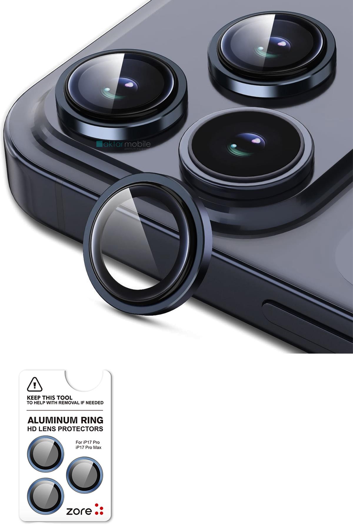 iPhone 17 Pro / 17 Pro Max Uyumlu Safir Kamera Lens Koruyucu Anti-Reftective Premium Temperli Cam Lacivert