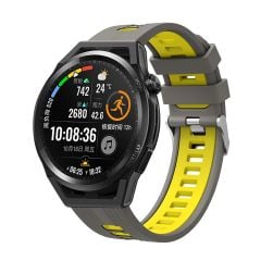 Huawei Watch GT 3 SE 46 mm Uyumlu Silikon Kordon Çizgili Spor Tasarım Renkli Delikli Spor Kayış Yeşil - Siyah