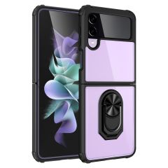 Samsung Galaxy Z Flip 4 uyumlu Kılıf Arkası Şeffaf Metal Yüzüklü Standlı Kenarları Silikon Kapak