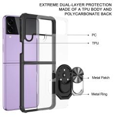 Samsung Galaxy Z Flip 4 uyumlu Kılıf Arkası Şeffaf Metal Yüzüklü Standlı Kenarları Silikon Kapak