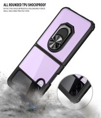 Samsung Galaxy Z Flip 4 uyumlu Kılıf Arkası Şeffaf Metal Yüzüklü Standlı Kenarları Silikon Kapak