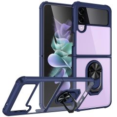 Samsung Galaxy Z Flip 4 uyumlu Kılıf Arkası Şeffaf Metal Yüzüklü Standlı Kenarları Silikon Kapak