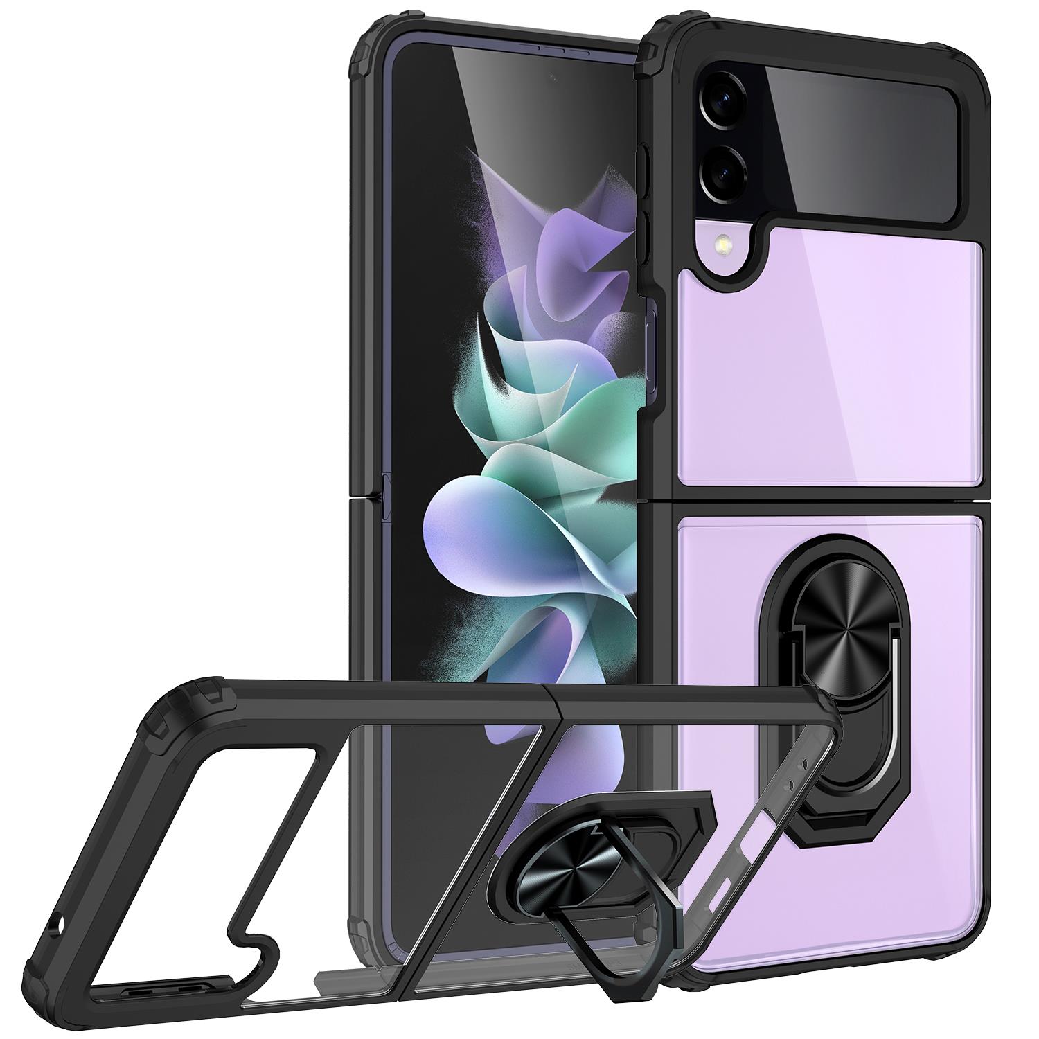Samsung Galaxy Z Flip 4 uyumlu Kılıf Arkası Şeffaf Metal Yüzüklü Standlı Kenarları Silikon Kapak Siyah