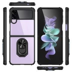 Samsung Galaxy Z Flip 4 uyumlu Kılıf Arkası Şeffaf Metal Yüzüklü Standlı Kenarları Silikon Kapak Siyah