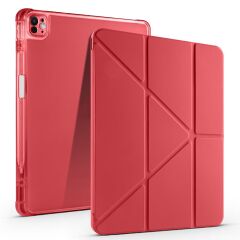 iPad Air 13 M2 / M3 uyumlu Kılıf Kalem Bölmeli Tri Folding Standlı Arkası Silikon Uyku Modlu Kırmızı