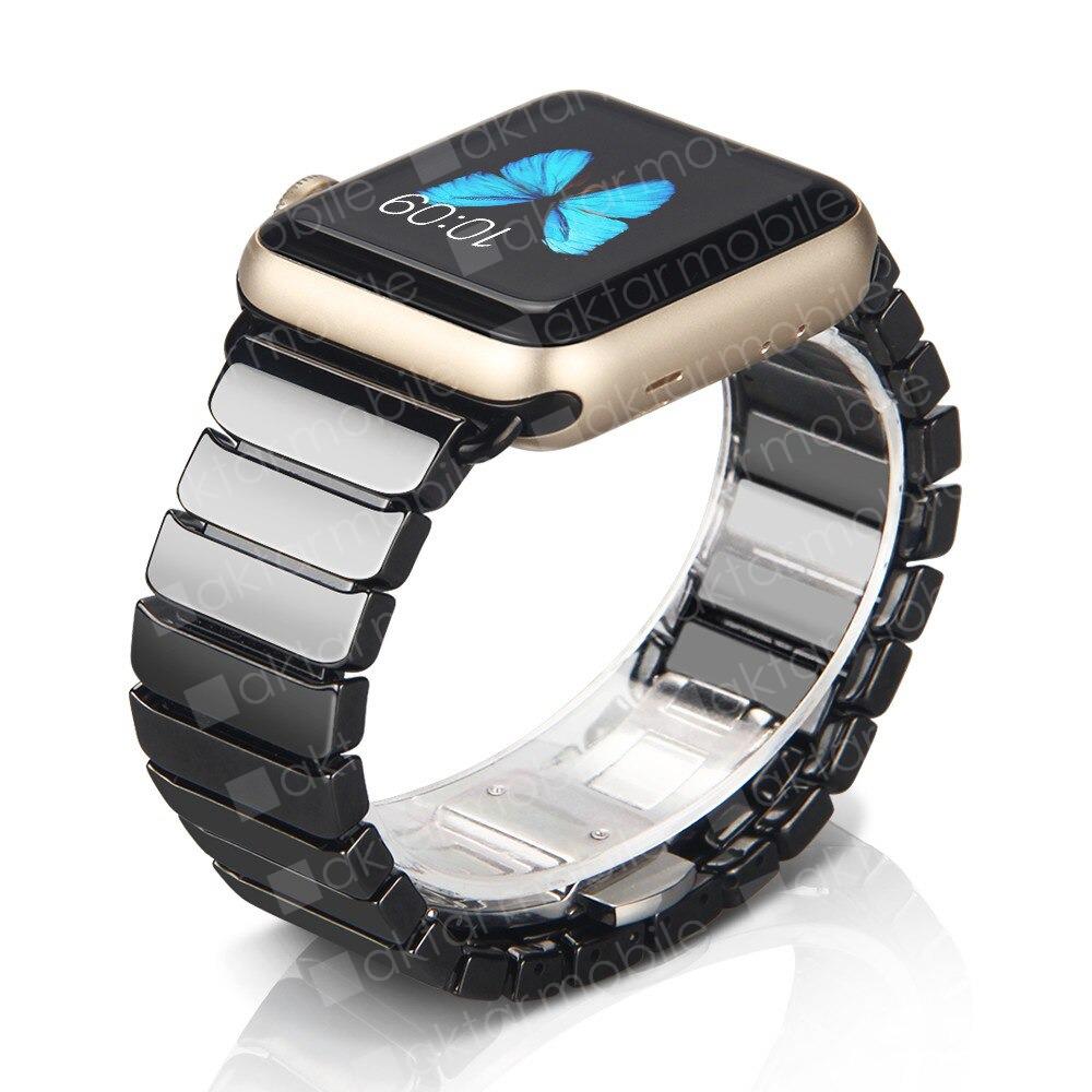Apple Watch 8 45 mm uyumlu Seramik Kordon Baklalı Premium Seramik Kayış Siyah