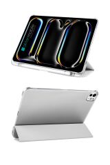 iPad Pro 11 M4 2024 uyumlu Kapaklı Kılıf Kalem Bölmeli Standlı Flip Smart Akıllı Kapak Uyku Modlu Gri