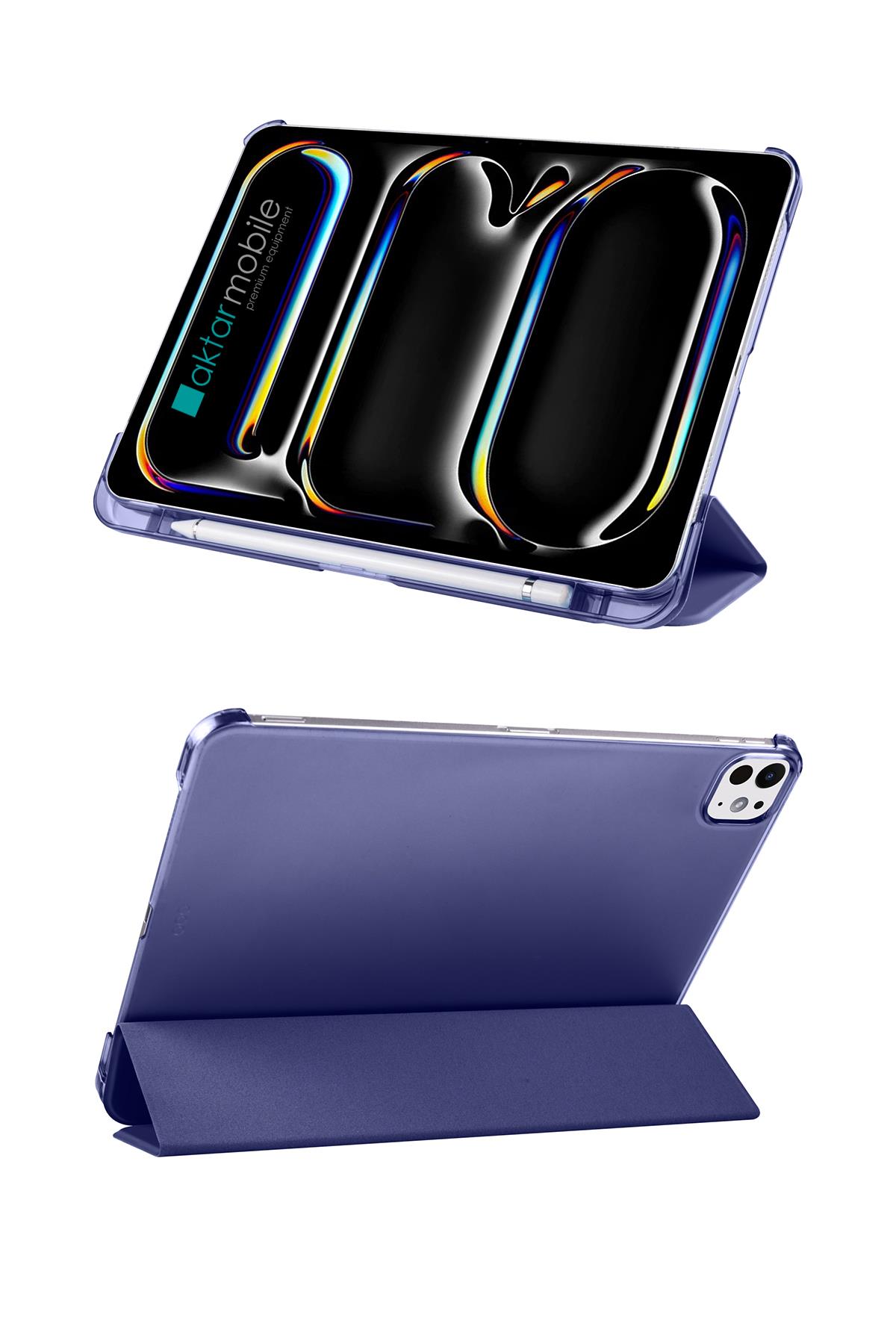 iPad Pro 11 M4 2024 uyumlu Kapaklı Kılıf Kalem Bölmeli Standlı Flip Smart Akıllı Kapak Uyku Modlu Lacivert
