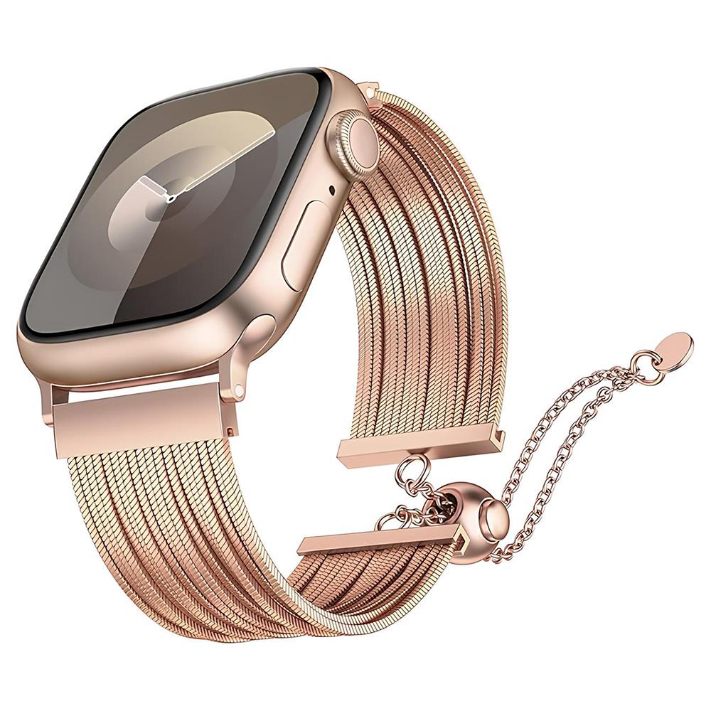 Apple Watch 10 46 mm Uyumlu Ayarlanabilir Zincirli Hasır Kordon Paslanmaz Çelik Şık Zarif Kayış Rose Gold