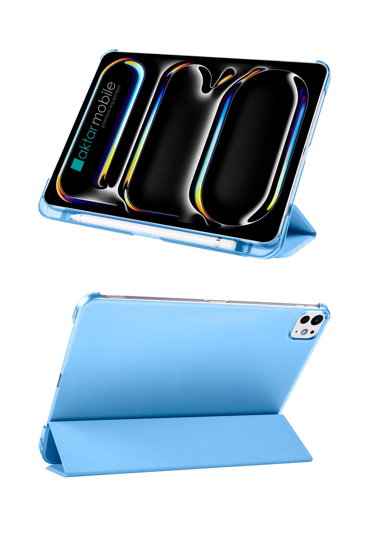 iPad Pro 11 M4 2024 uyumlu Kapaklı Kılıf Kalem Bölmeli Standlı Flip Smart Akıllı Kapak Uyku Modlu Mavi