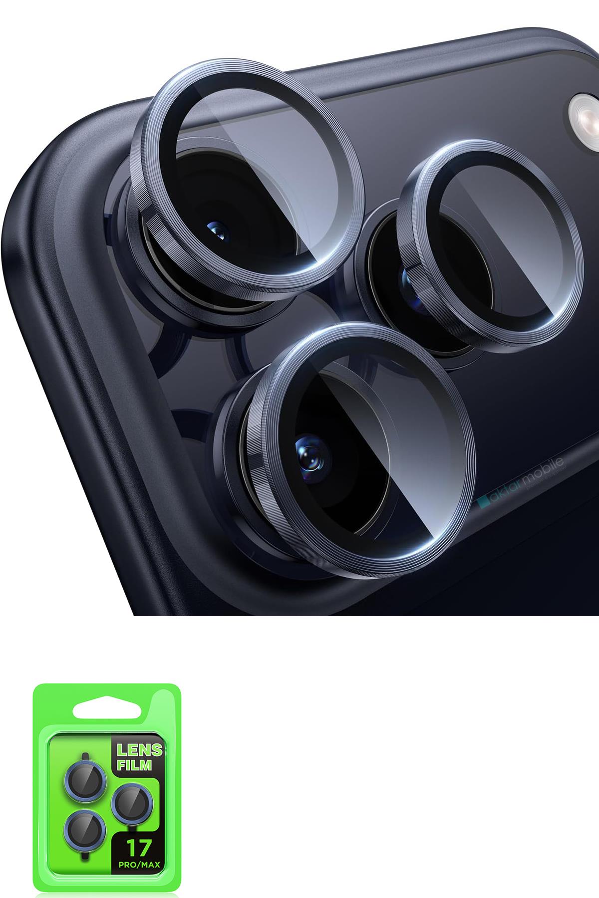 iPhone 17 Pro / 17 Pro Max Uyumlu Kamera Lens Koruyucu Temperli Cam Tam Koruma Lacivert