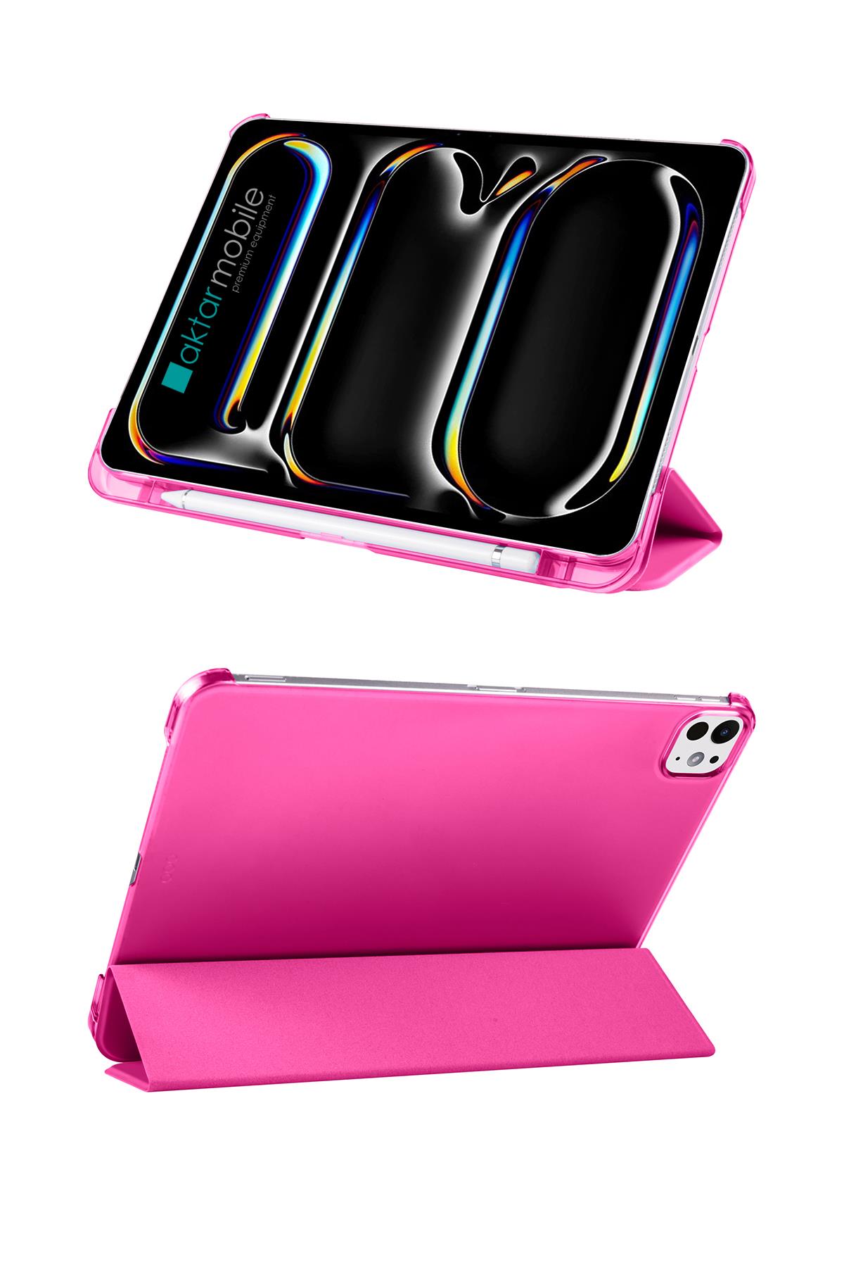 iPad Pro 11 M4 2024 uyumlu Kapaklı Kılıf Kalem Bölmeli Standlı Flip Smart Akıllı Kapak Uyku Modlu Koyu Pembe