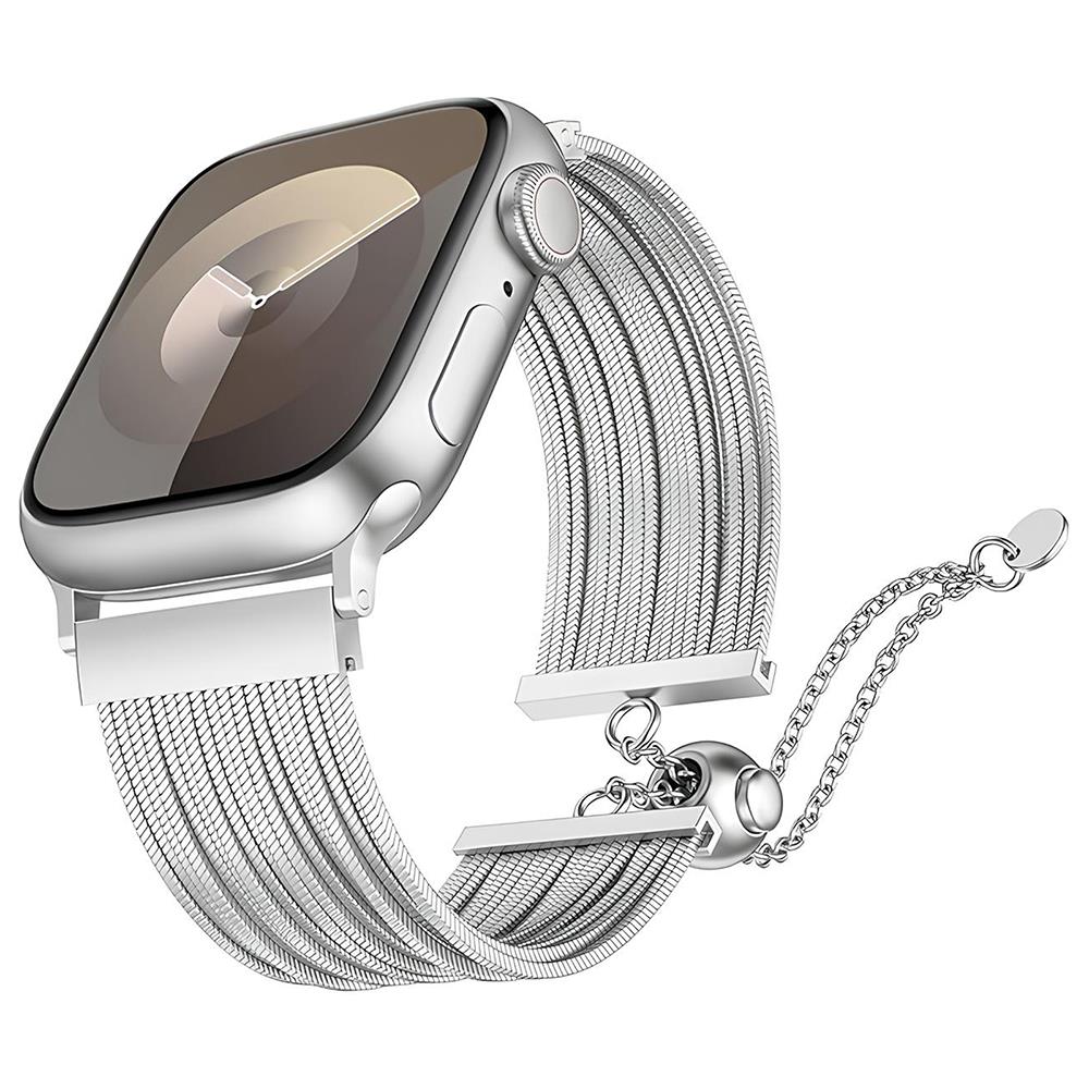 Apple Watch 7 8 9 45 mm Uyumlu Ayarlanabilir Zincirli Hasır Kordon Paslanmaz Çelik Şık Zarif Kayış Gümüş