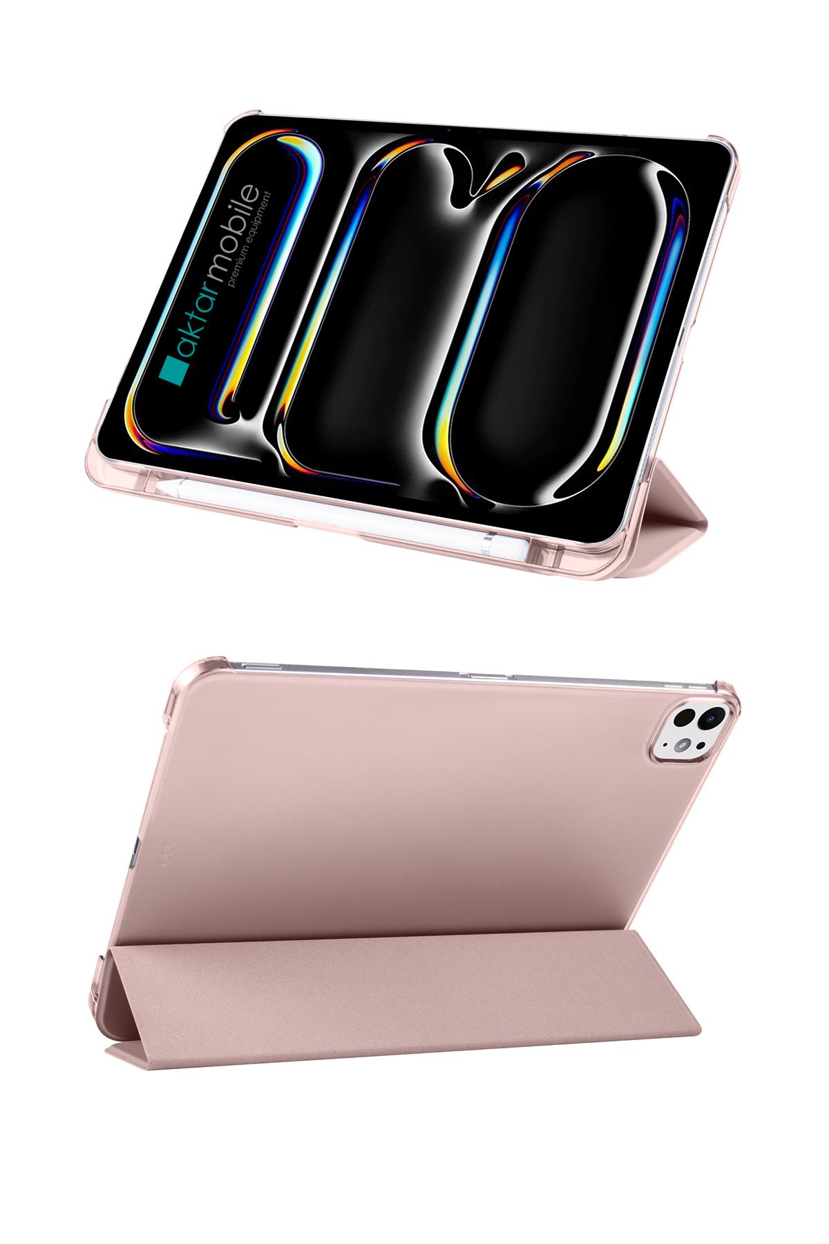 iPad Pro 11 M4 2024 uyumlu Kapaklı Kılıf Kalem Bölmeli Standlı Flip Smart Akıllı Kapak Uyku Modlu Rose Gold