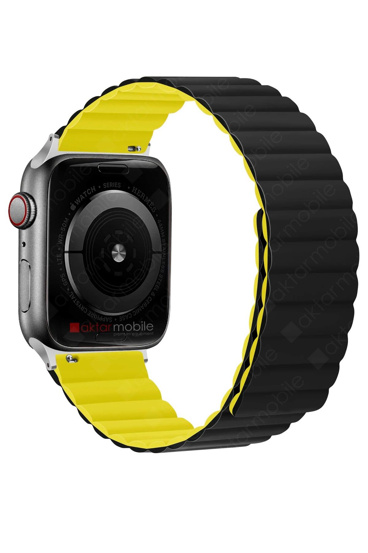 Apple Watch 6 SE 5 4 3 2 1 - 42 / 44 mm uyumlu Magnetik Silikon Kordon Mıknatıslı Premium Kayış Siyah - Sarı