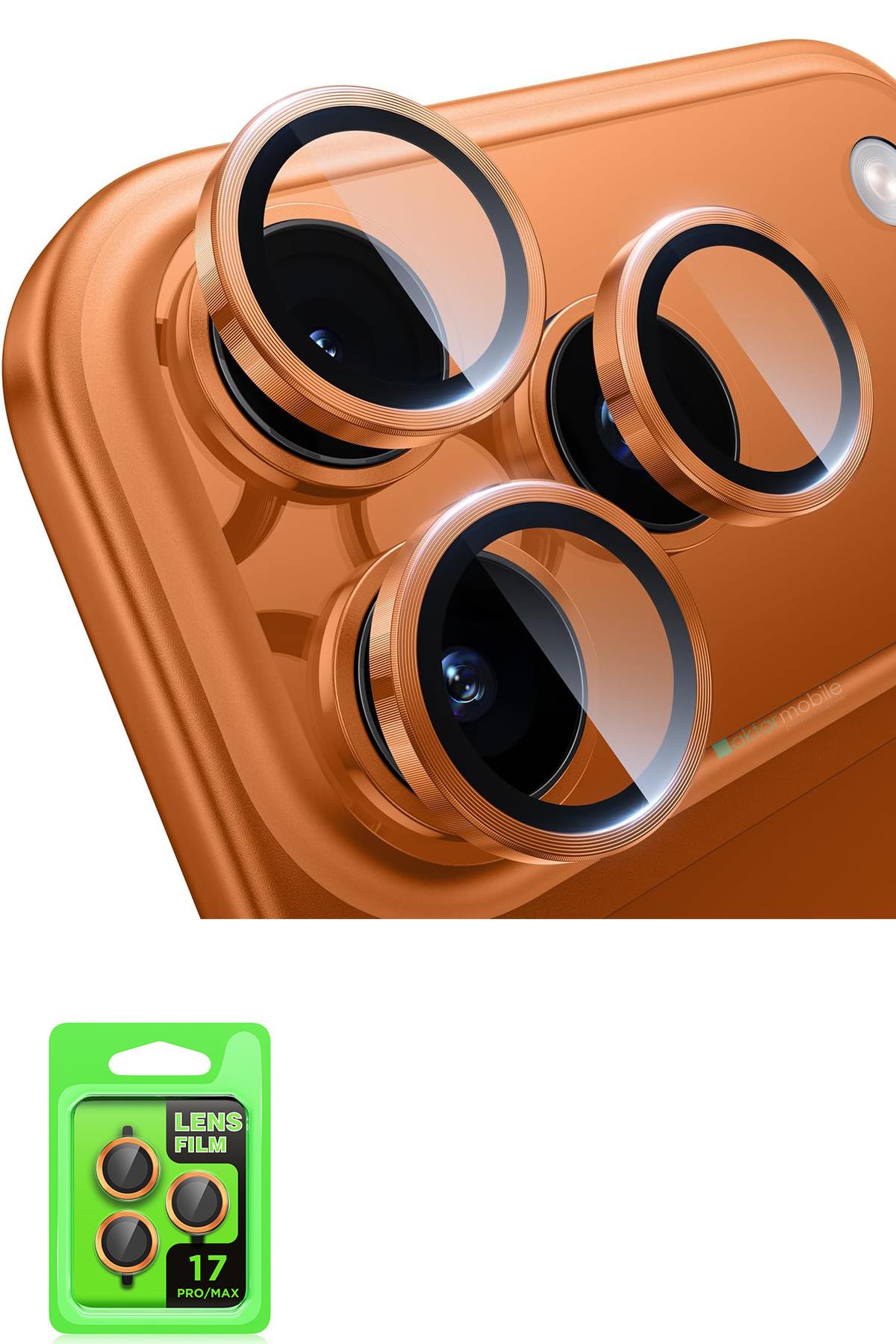 iPhone 17 Pro / 17 Pro Max Uyumlu Kamera Lens Koruyucu Temperli Cam Tam Koruma Turuncu