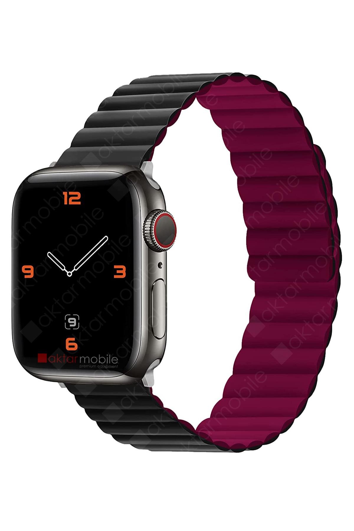 Apple Watch 6 SE 5 4 3 2 1 - 42 / 44 mm uyumlu Magnetik Silikon Kordon Mıknatıslı Premium Kayış Siyah - Mürdüm