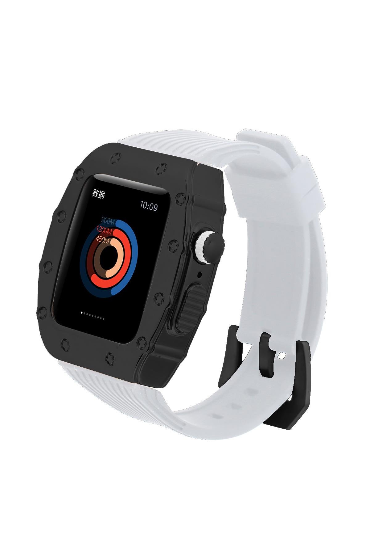 Apple Watch 7 45 mm uyumlu Modifikasyon Kiti Hublot Tasarım Paslanmaz Çelik Kasa & Silikon Kordon Beyaz - Siyah