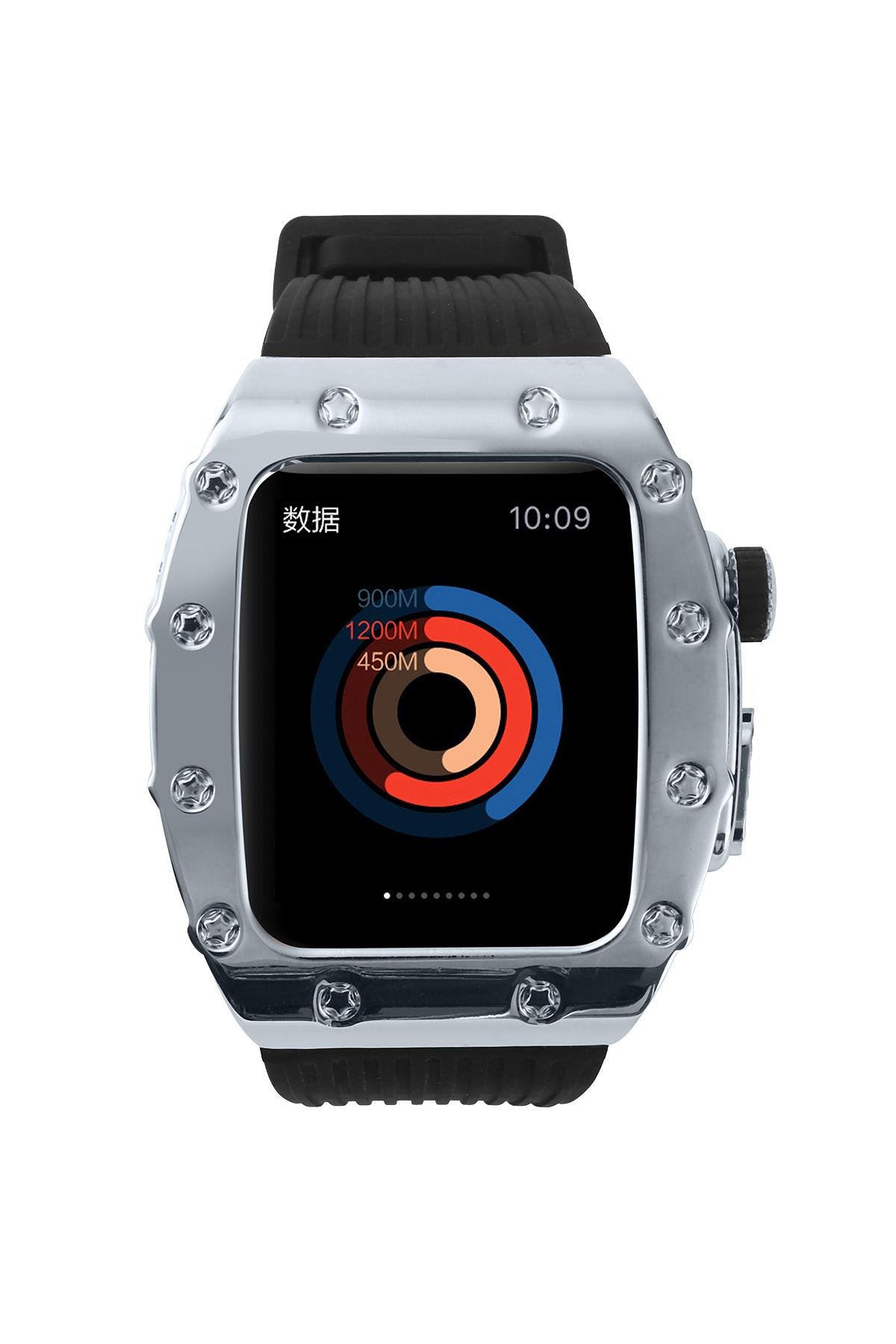 Apple Watch 7 45 mm uyumlu Modifikasyon Kiti Hublot Tasarım Paslanmaz Çelik Kasa & Silikon Kordon Siyah - Gümüş