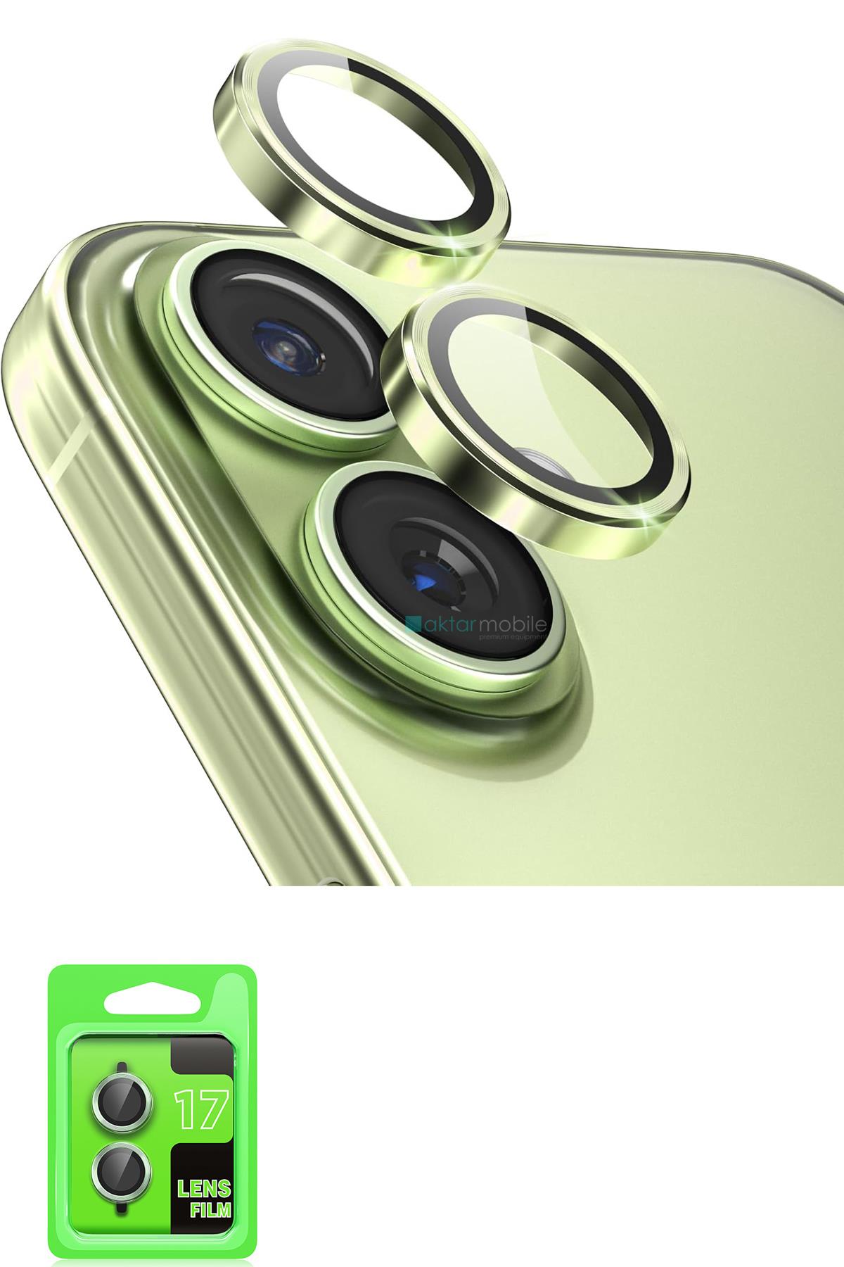 iPhone 17 Uyumlu Kamera Lens Koruyucu Temperli Cam Tam Koruma Açık Yeşil