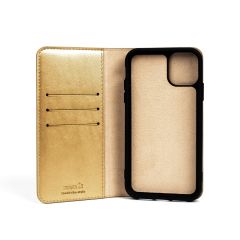 iPhone 13 Mini Kapaklı Cüzdan Kartlık Kılıf Çıkartılabilen Mıknatıslı Kapak Standlı Kılıf Gold