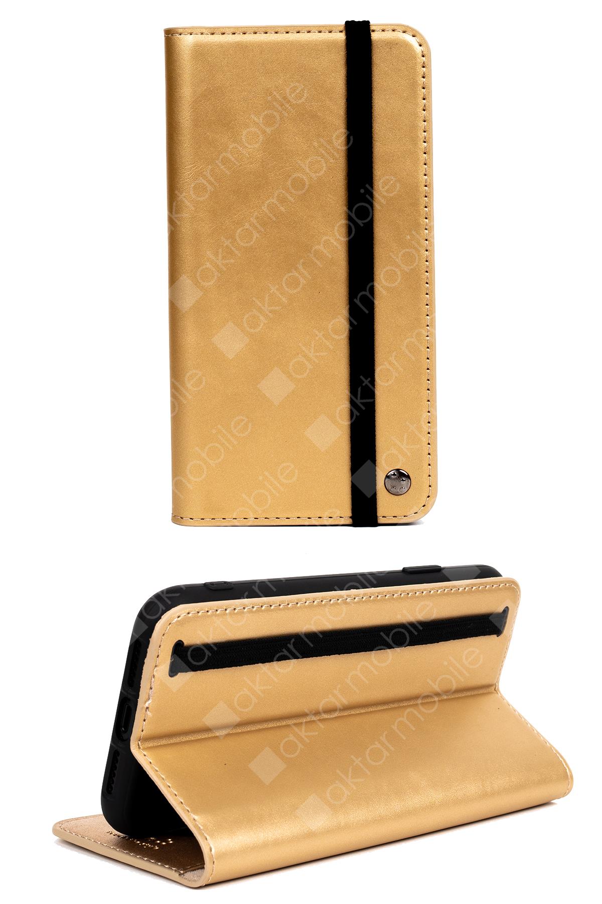 iPhone 13 Mini Kapaklı Cüzdan Kartlık Kılıf Çıkartılabilen Mıknatıslı Kapak Standlı Kılıf Gold