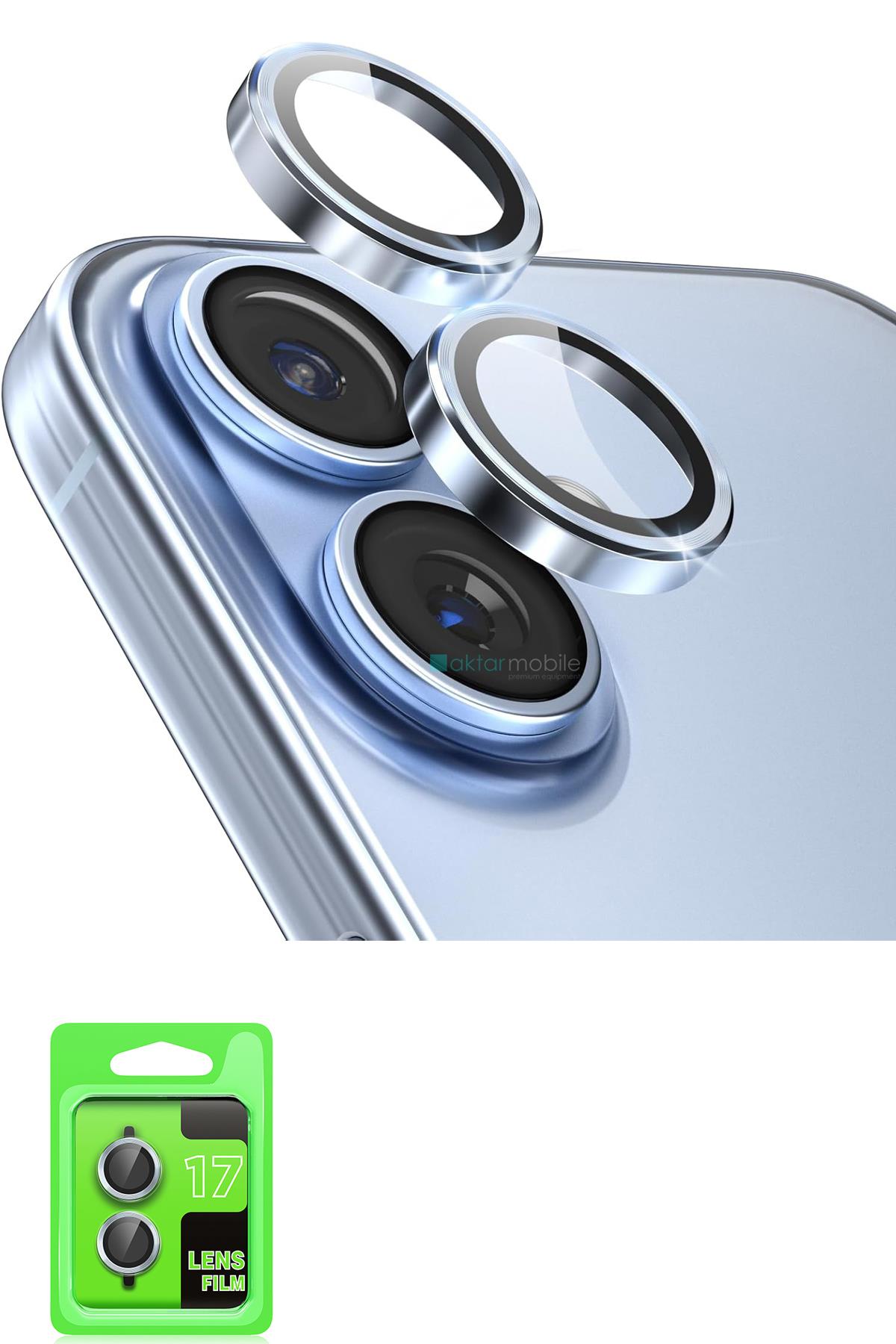 iPhone 17 Uyumlu Kamera Lens Koruyucu Temperli Cam Tam Koruma Açık Mavi