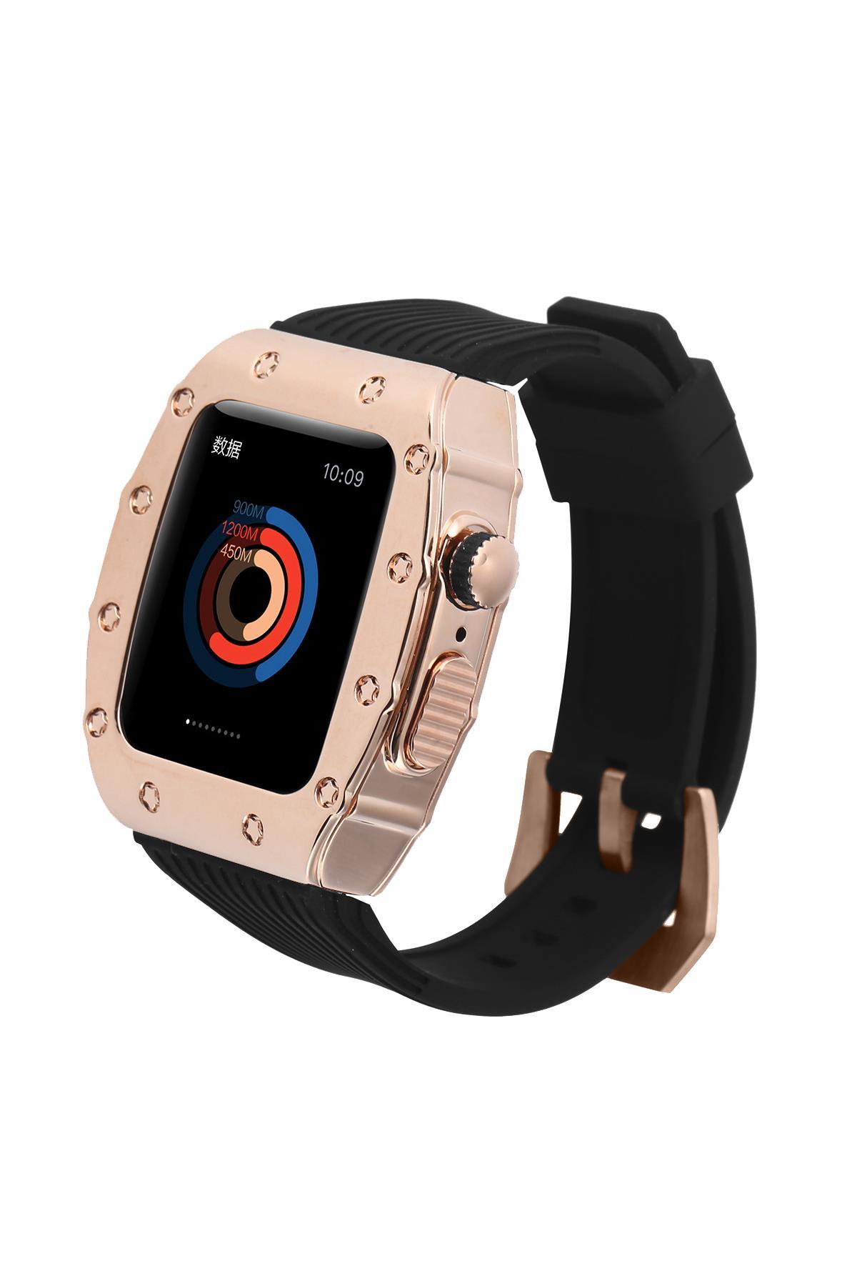 Apple Watch 6 44 mm uyumlu Modifikasyon Kiti Hublot Tasarım Paslanmaz Çelik Kasa & Silikon Kordon