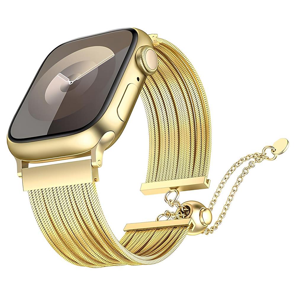 Apple Watch 10 42 mm Uyumlu Ayarlanabilir Zincirli Hasır Kordon Paslanmaz Çelik Şık Zarif Kayış Gold