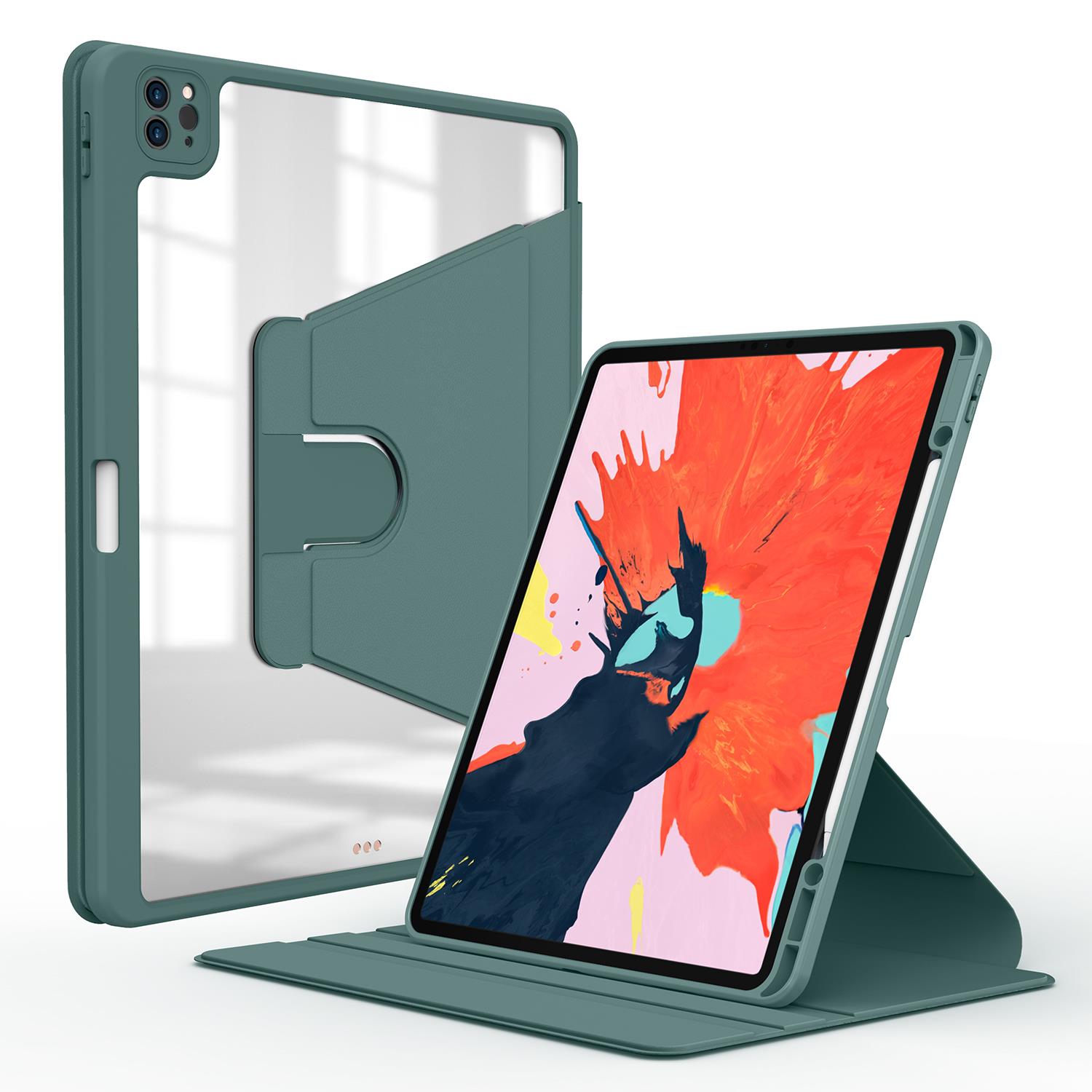 iPad Pro 11 3. Nesil 2021 Uyumlu Kılıf 360° Dönebilen Kalem Bölmeli Standlı Akıllı Kapak Premium Koyu Yeşil