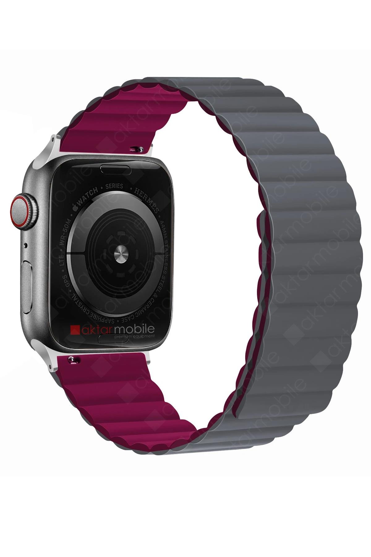 Apple Watch 6 SE 5 4 3 2 1 - 38 / 40 mm uyumlu Magnetik Silikon Kordon Mıknatıslı Premium Kayış Gri - Mürdüm