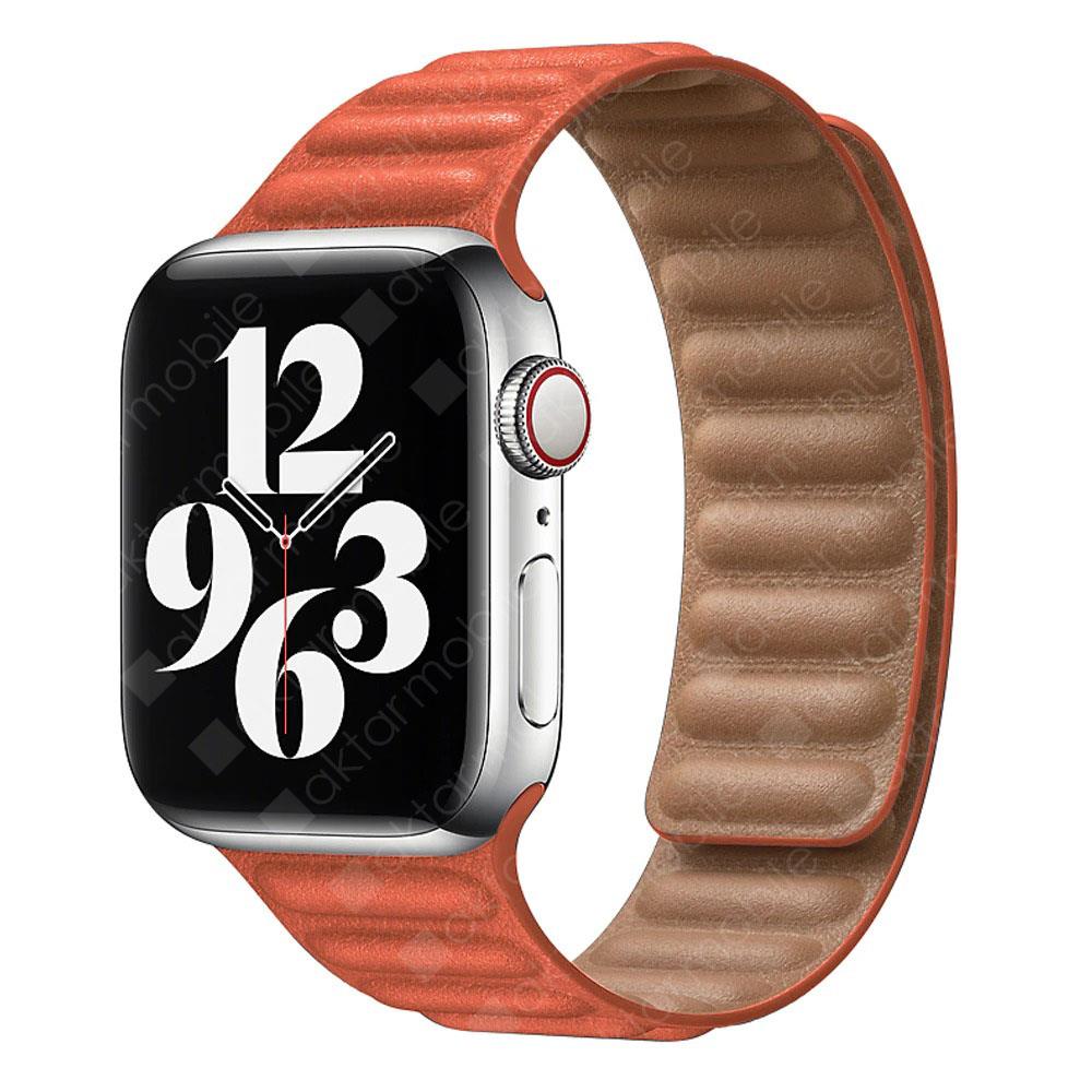 Apple Watch 9 41 mm uyumlu Manyetik Baklalı Model Kayış Mıknatıslı Suni Deri Kordon Turuncu