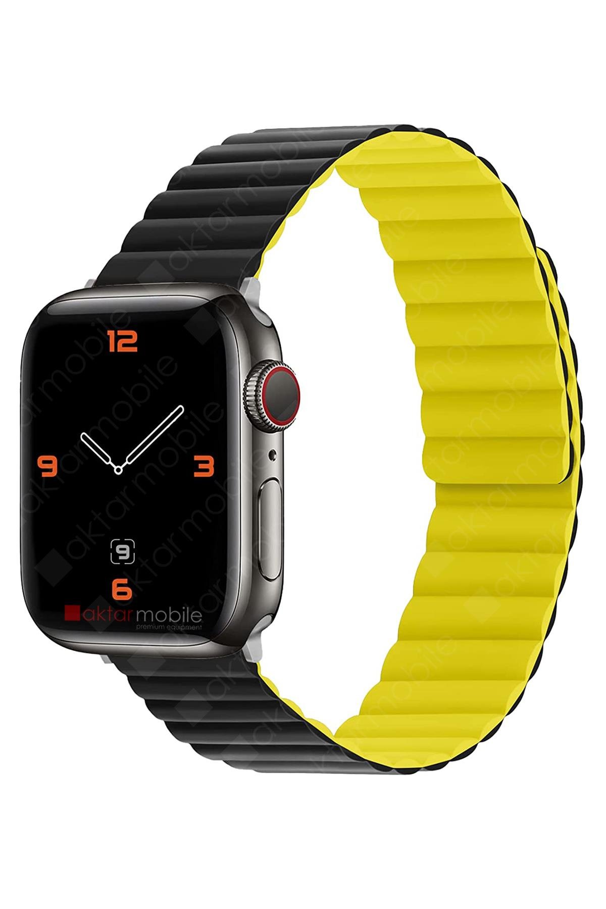 Apple Watch 6 SE 5 4 3 2 1 - 38 / 40 mm uyumlu Magnetik Silikon Kordon Mıknatıslı Premium Kayış Siyah - Sarı