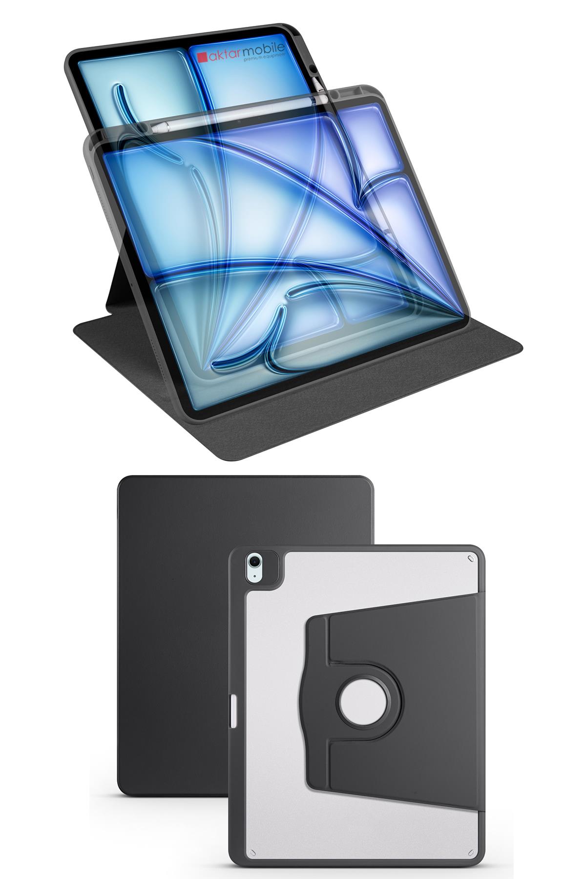 iPad Air 13 M2 2024 uyumlu Kapaklı Kılıf Kalem Bölmeli Dönebilen Yatay Dikey Standlı Akıllı Kapak Siyah