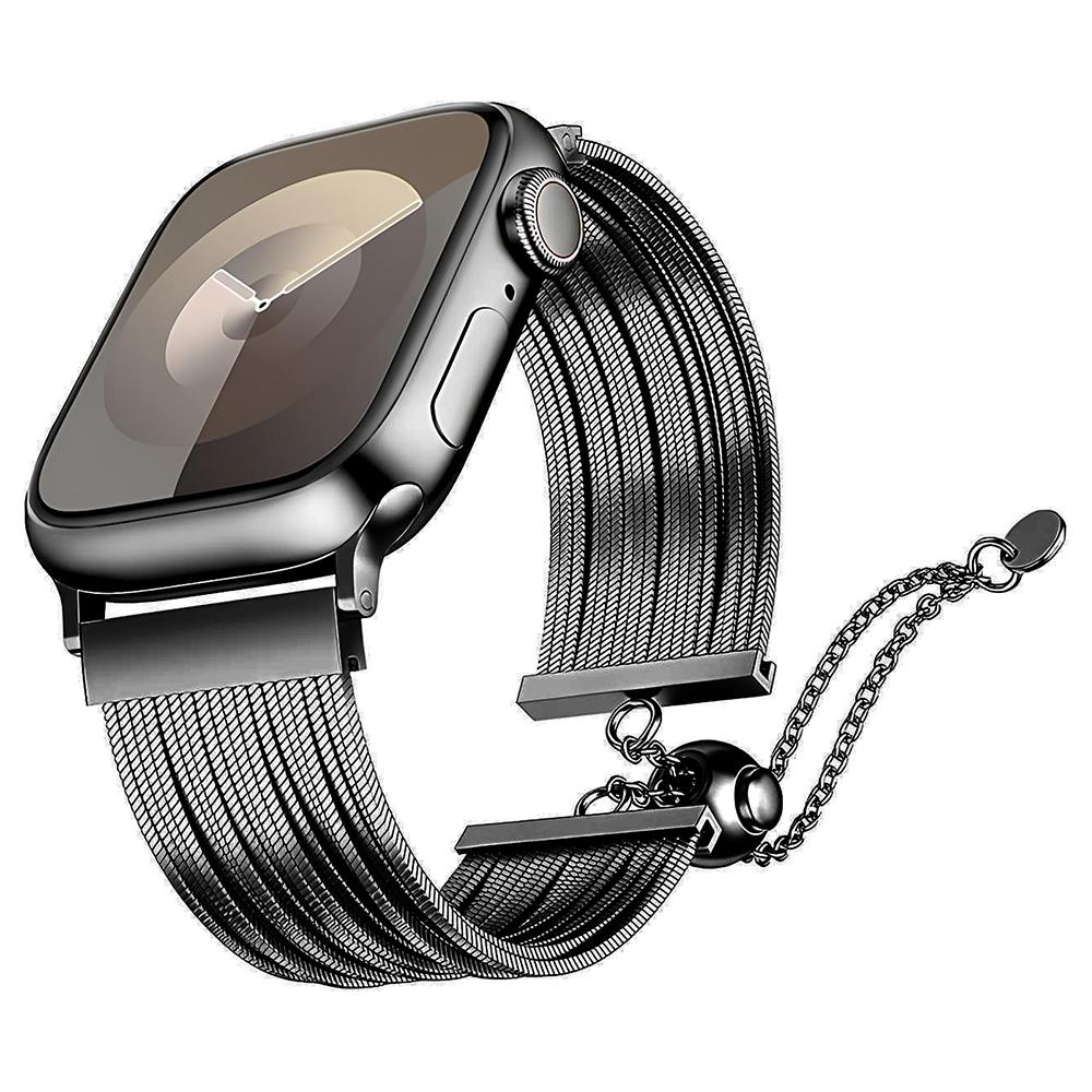 Apple Watch 10 42 mm Uyumlu Ayarlanabilir Zincirli Hasır Kordon Paslanmaz Çelik Şık Zarif Kayış Siyah