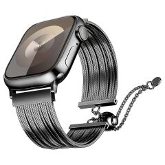 Apple Watch 10 42 mm Uyumlu Ayarlanabilir Zincirli Hasır Kordon Paslanmaz Çelik Şık Zarif Kayış Siyah