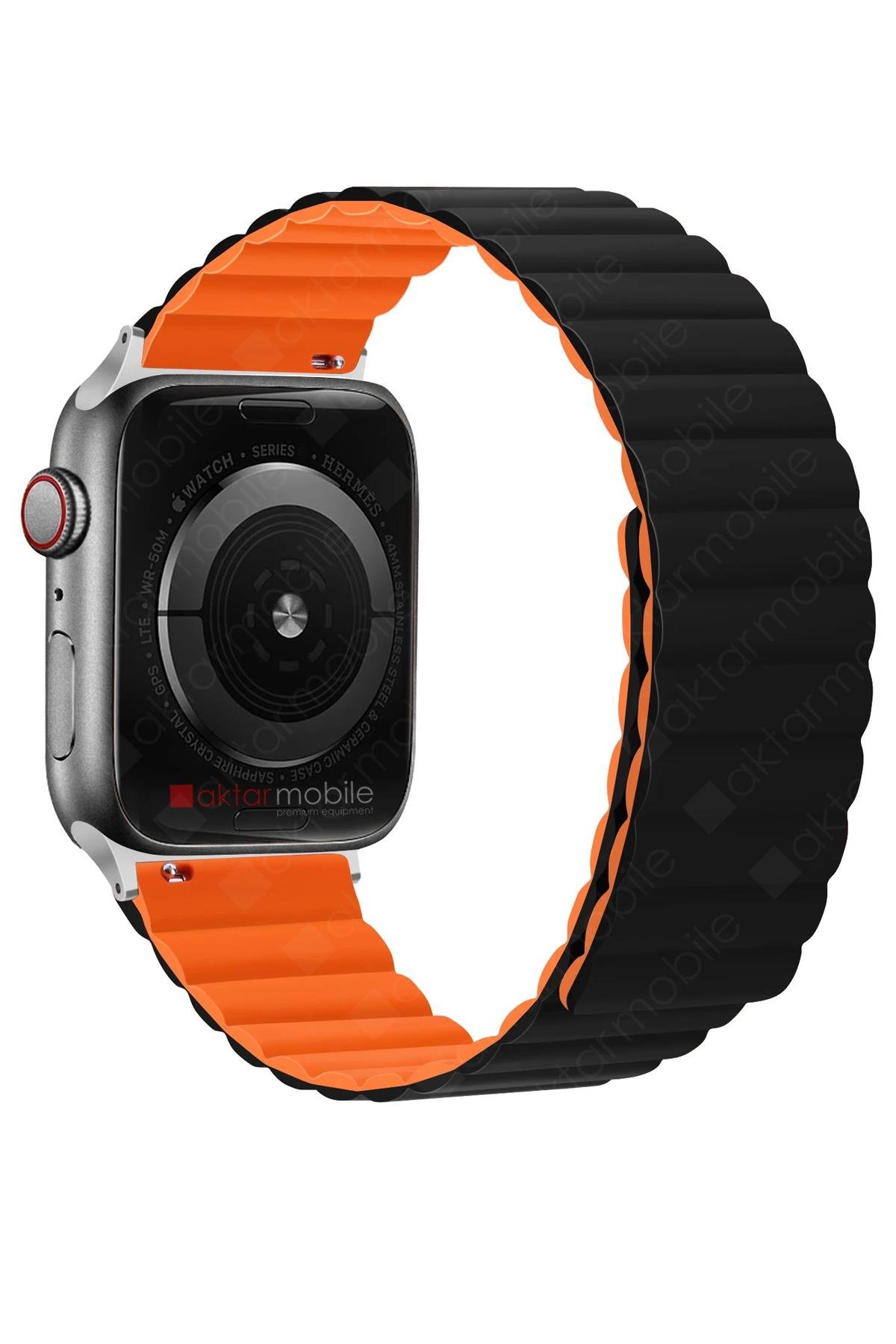 Apple Watch 6 SE 5 4 3 2 1 - 38 / 40 mm uyumlu Magnetik Silikon Kordon Mıknatıslı Premium Kayış Siyah - Turuncu