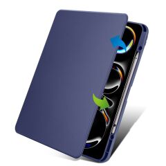 iPad Pro 13 M4 2024 uyumlu Kapaklı Kılıf Kalem Bölmeli Dönebilen Yatay Dikey Standlı Akıllı Kapak Lacivert