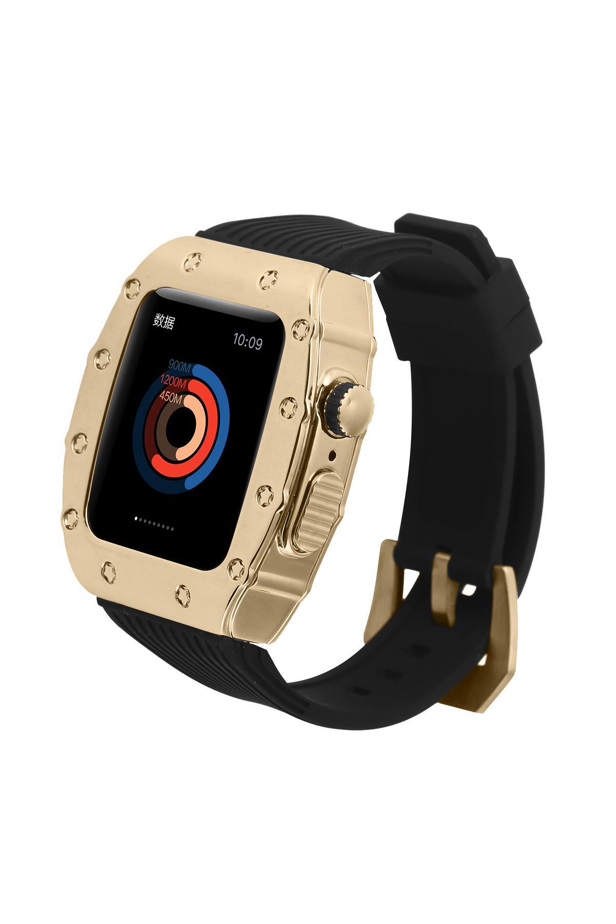 Apple Watch SE 44 mm uyumlu Modifikasyon Kiti Hublot Tasarım Paslanmaz Çelik Kasa & Silikon Kordon