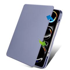 iPad Pro 13 M4 2024 uyumlu Kapaklı Kılıf Kalem Bölmeli Dönebilen Yatay Dikey Standlı Akıllı Kapak Levander Gray