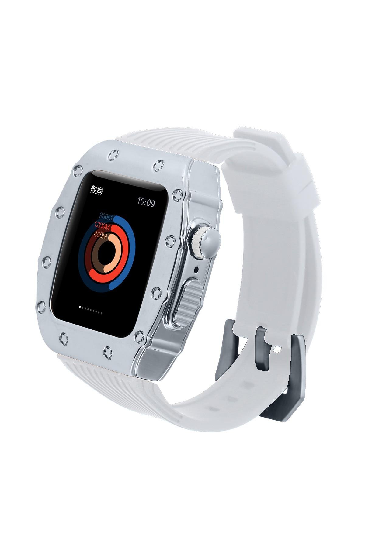 Apple Watch SE 44 mm uyumlu Modifikasyon Kiti Hublot Tasarım Paslanmaz Çelik Kasa & Silikon Kordon Beyaz - Gümüş