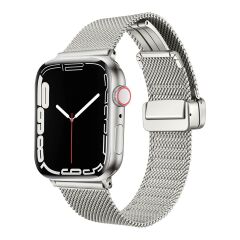 Apple Watch 9 45 mm Uyumlu Hasır Metal Kordon Magnetik D Tokalı Tel Örgü Kayış Mıknatıslı Toka