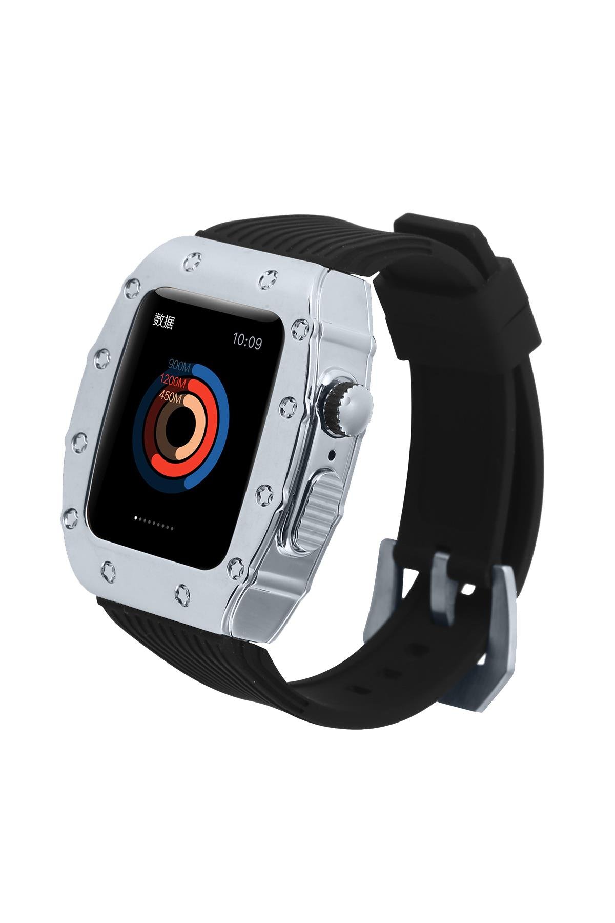 Apple Watch SE 44 mm uyumlu Modifikasyon Kiti Hublot Tasarım Paslanmaz Çelik Kasa & Silikon Kordon Siyah - Gümüş