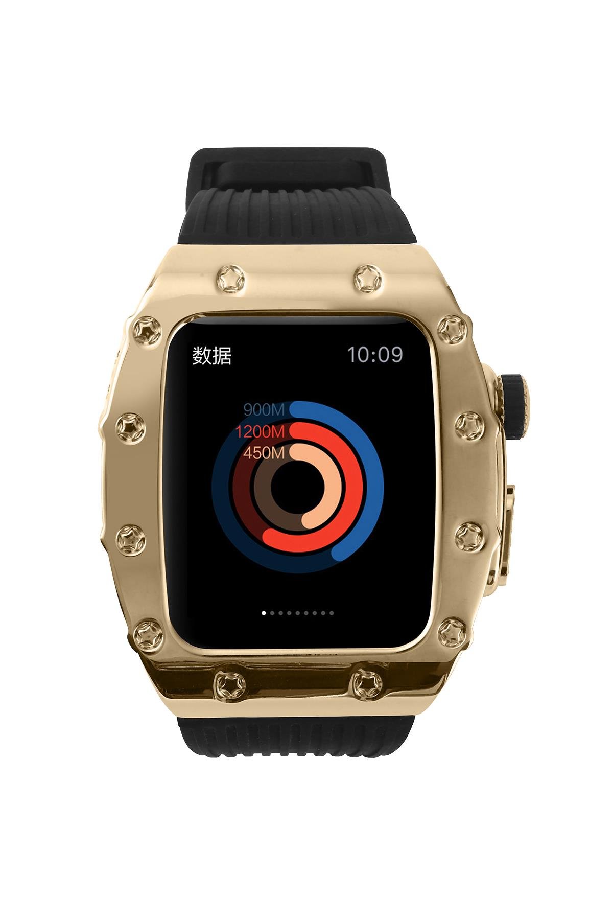 Apple Watch SE 44 mm uyumlu Modifikasyon Kiti Hublot Tasarım Paslanmaz Çelik Kasa & Silikon Kordon Siyah - Gold